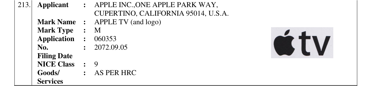 Original bulletin entry for APPLE TV (and logo)
