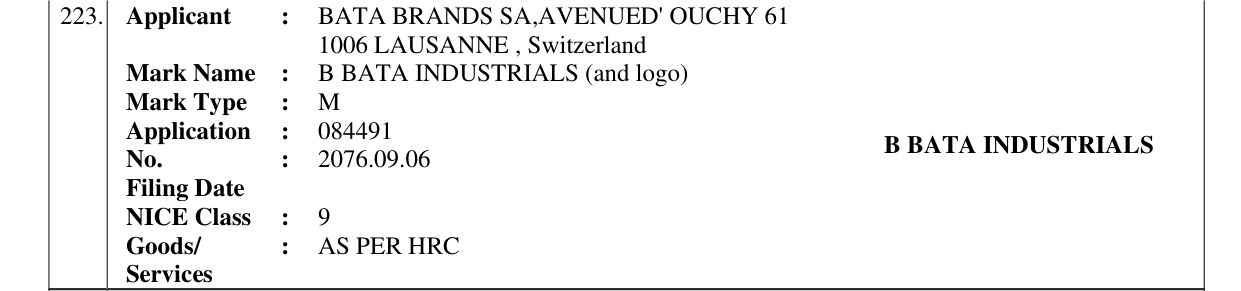 Original bulletin entry for B BATA INDUSTRIALS (and logo)