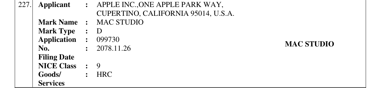 Original bulletin entry for MAC STUDIO