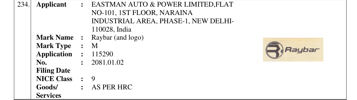 Original bulletin entry for Raybar (and logo)