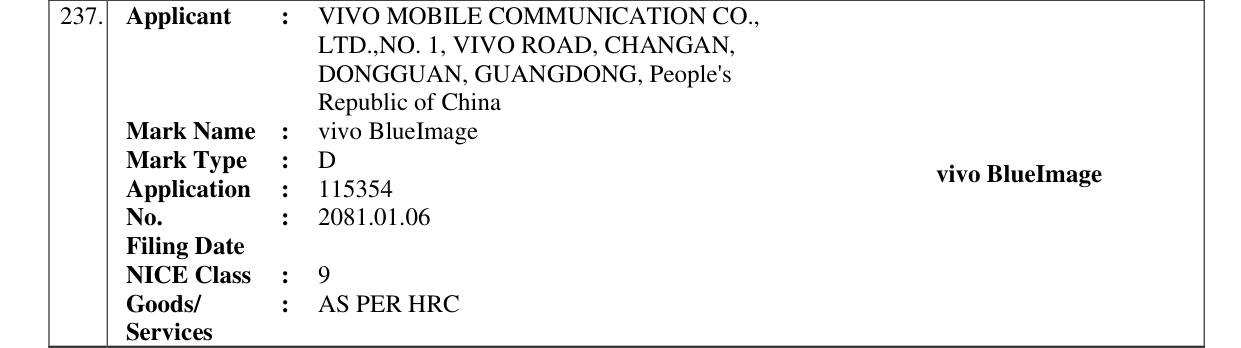 Original bulletin entry for vivo BlueImage