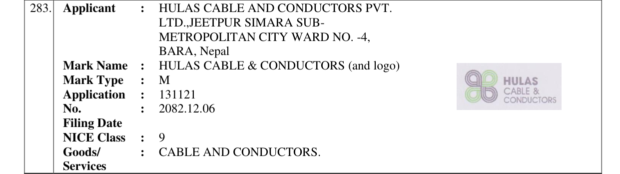 Original bulletin entry for HULAS CABLE & CONDUCTORS (and logo)