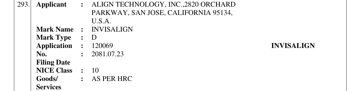 Original bulletin entry for INVISALIGN
