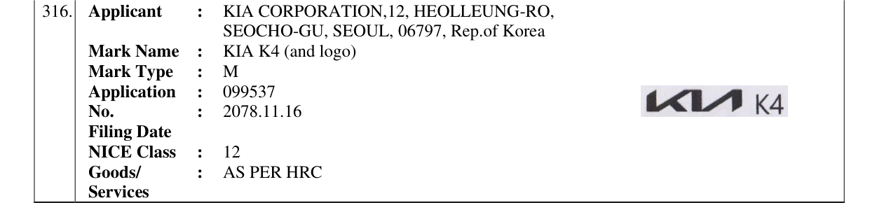 Original bulletin entry for KIA K4 (and logo)