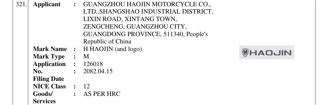 Original bulletin entry for H HAOJIN (and logo)