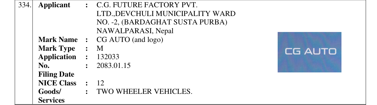 Original bulletin entry for CG AUTO (and logo)