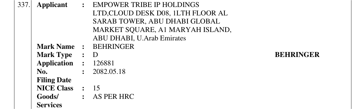 Original bulletin entry for BEHRINGER