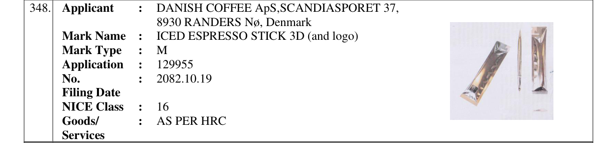 Original bulletin entry for ICED ESPRESSO STICK 3D (and logo)