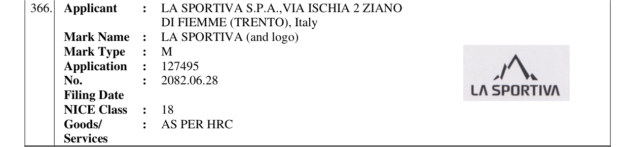 Original bulletin entry for LA SPORTIVA (and logo)