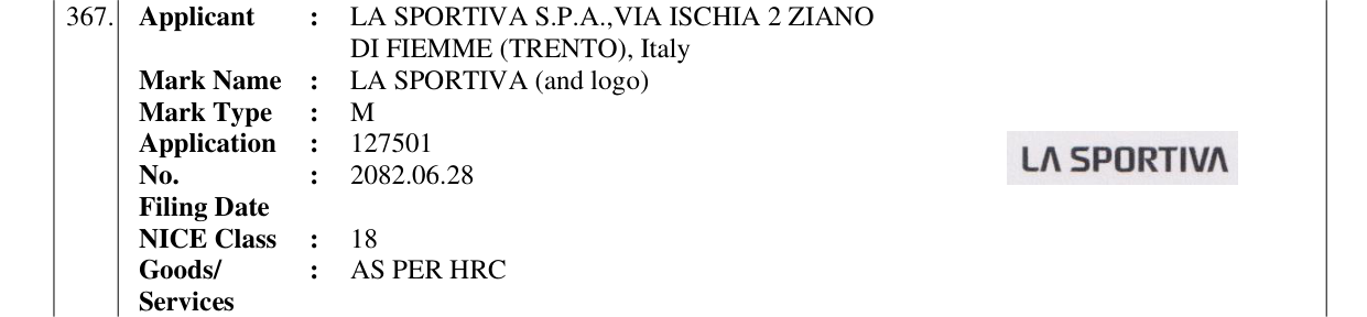 Original bulletin entry for LA SPORTIVA (and logo)