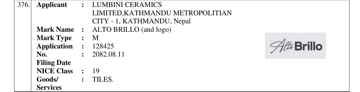 Original bulletin entry for ALTO BRILLO (and logo)