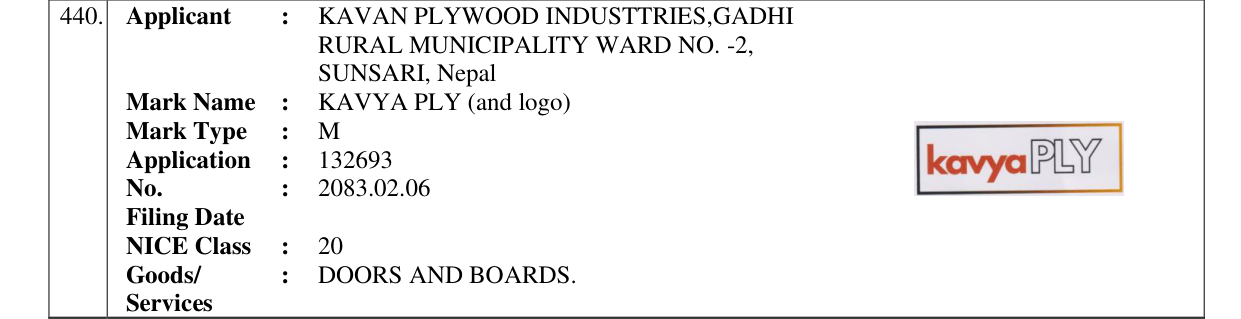 Original bulletin entry for KAVYA PLY (and logo)