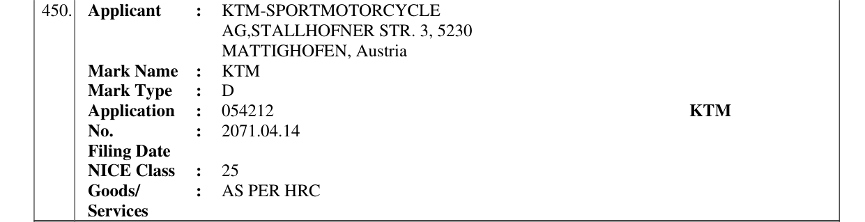 Original bulletin entry for KTM