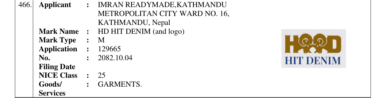 Original bulletin entry for HD HIT DENIM (and logo)