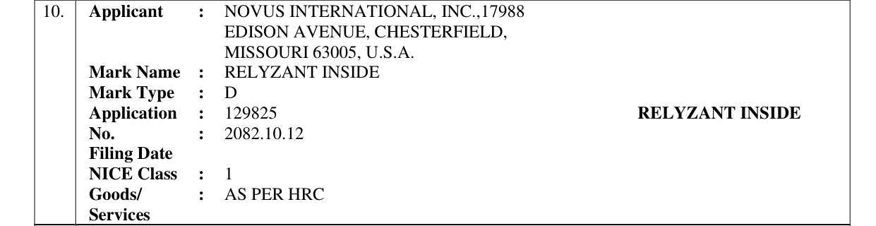 Original bulletin entry for RELYZANT INSIDE