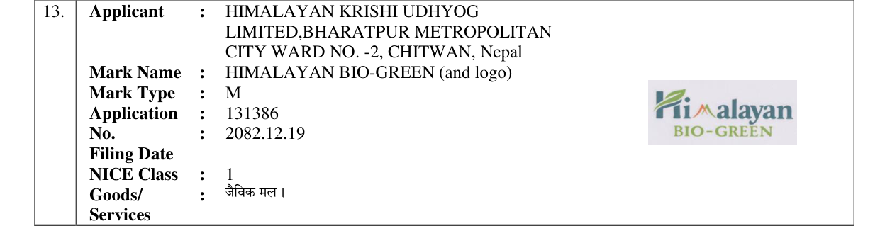 Original bulletin entry for HIMALAYAN BIO-GREEN (and logo)