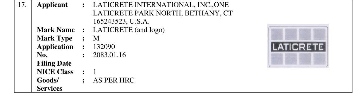Original bulletin entry for LATICRETE (and logo)