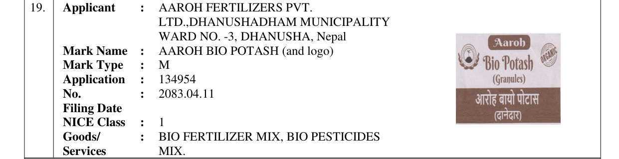 Original bulletin entry for AAROH BIO POTASH (and logo)