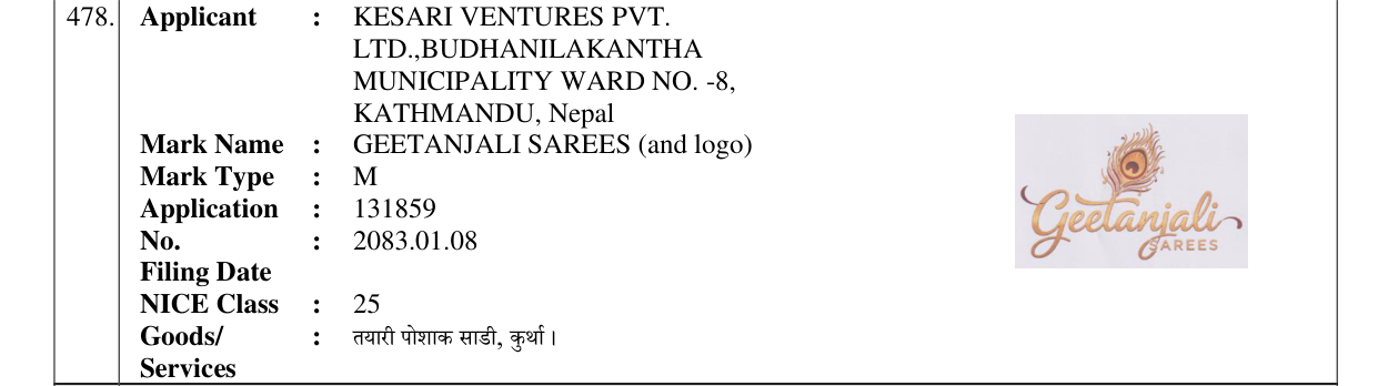 Original bulletin entry for GEETANJALI SAREES (and logo)