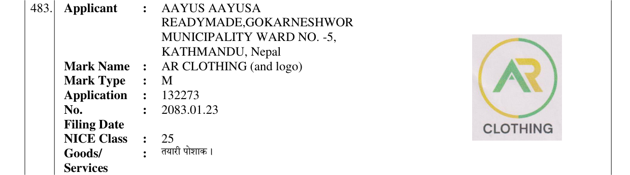 Original bulletin entry for AR CLOTHING (and logo)