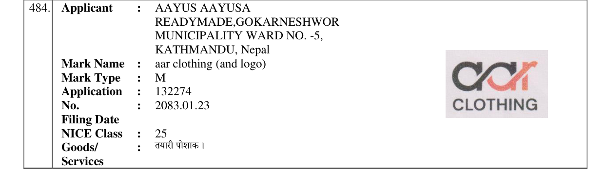 Original bulletin entry for aar clothing (and logo)