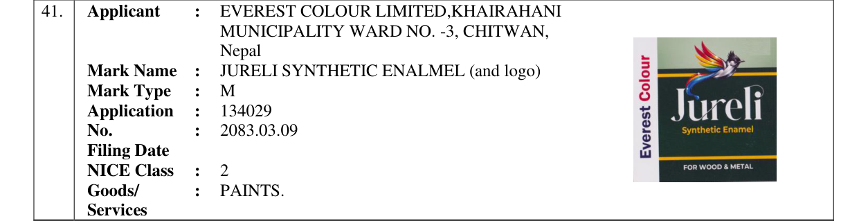 Original bulletin entry for JURELI SYNTHETIC ENALMEL (and logo)