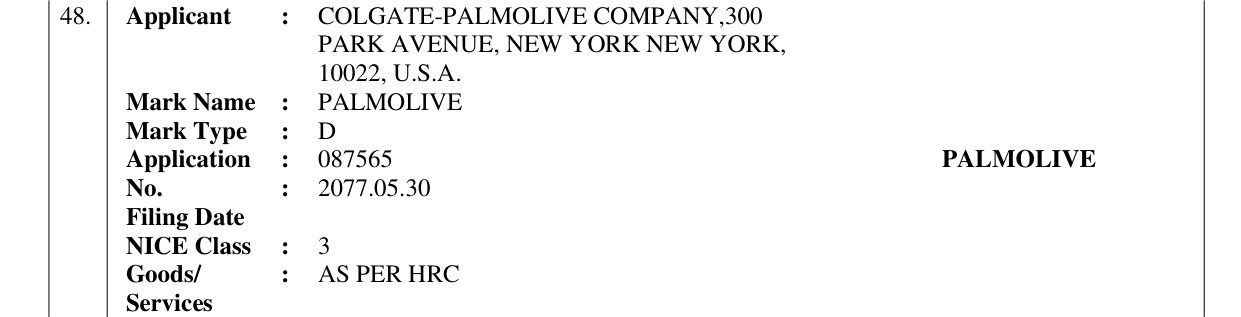 Original bulletin entry for PALMOLIVE