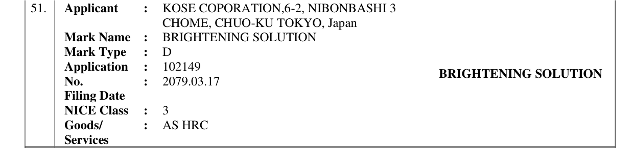 Original bulletin entry for BRIGHTENING SOLUTION