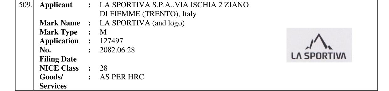 Original bulletin entry for LA SPORTIVA (and logo)