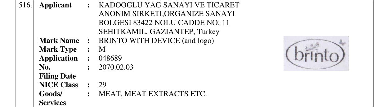 Original bulletin entry for BRINTO WITH DEVICE (and logo)