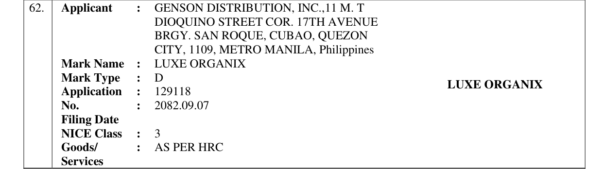 Original bulletin entry for LUXE ORGANIX