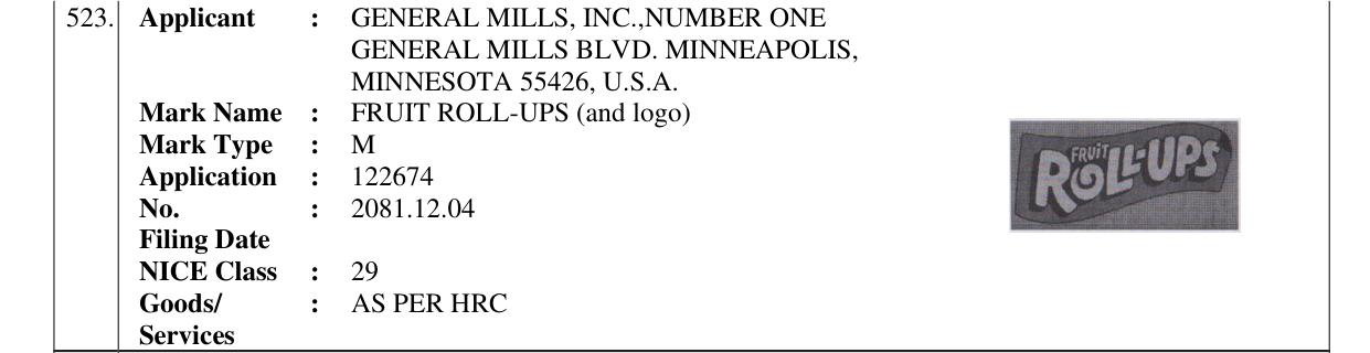 Original bulletin entry for FRUIT ROLL-UPS (and logo)