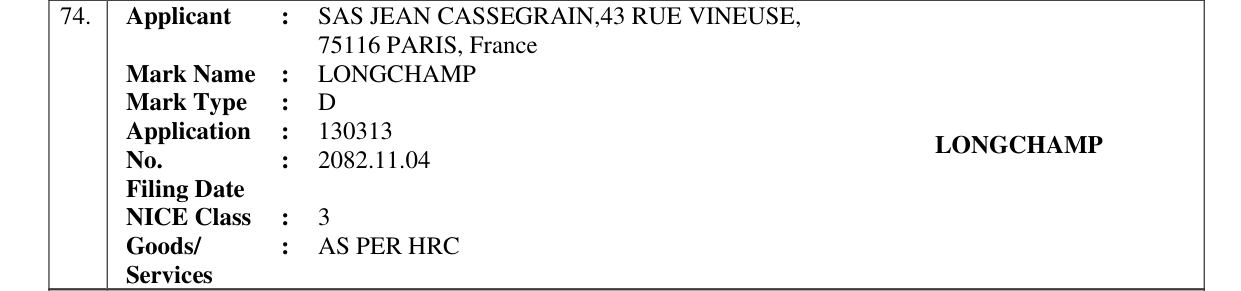Original bulletin entry for LONGCHAMP