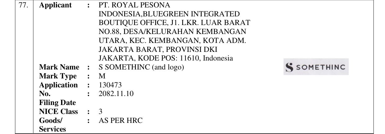 Original bulletin entry for S SOMETHINC (and logo)
