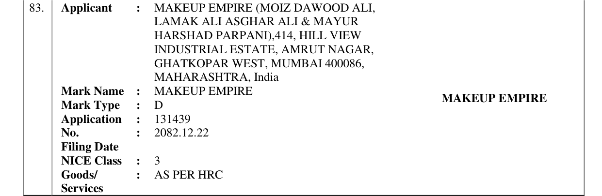 Original bulletin entry for MAKEUP EMPIRE MAKEUP EMPIRE