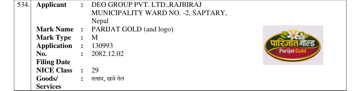 Original bulletin entry for PARIJAT GOLD (and logo)