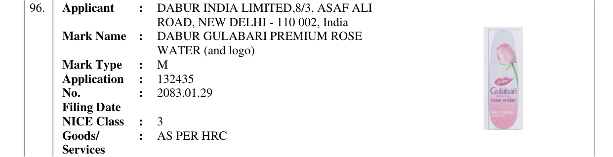 Original bulletin entry for DABUR GULABARI PREMIUM ROSE WATER (and logo)