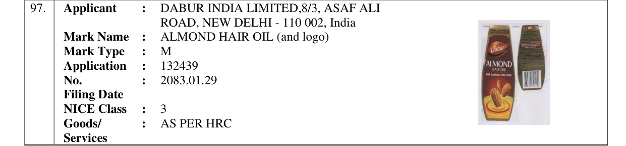 Original bulletin entry for ALMOND HAIR OIL (and logo)