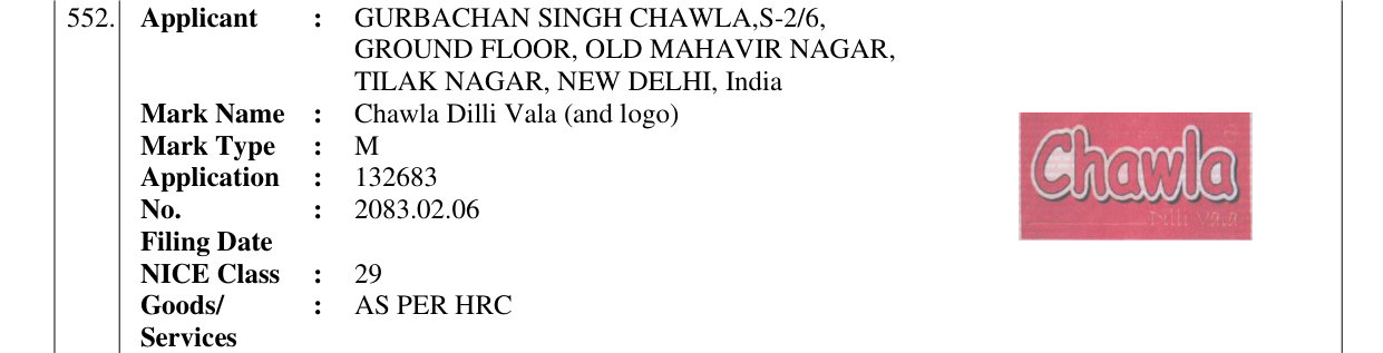 Original bulletin entry for Chawla Dilli Vala (and logo)