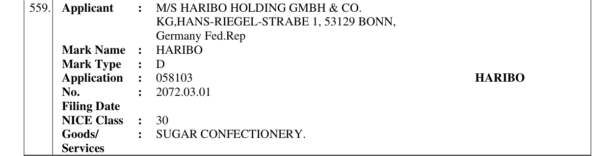 Original bulletin entry for HARIBO