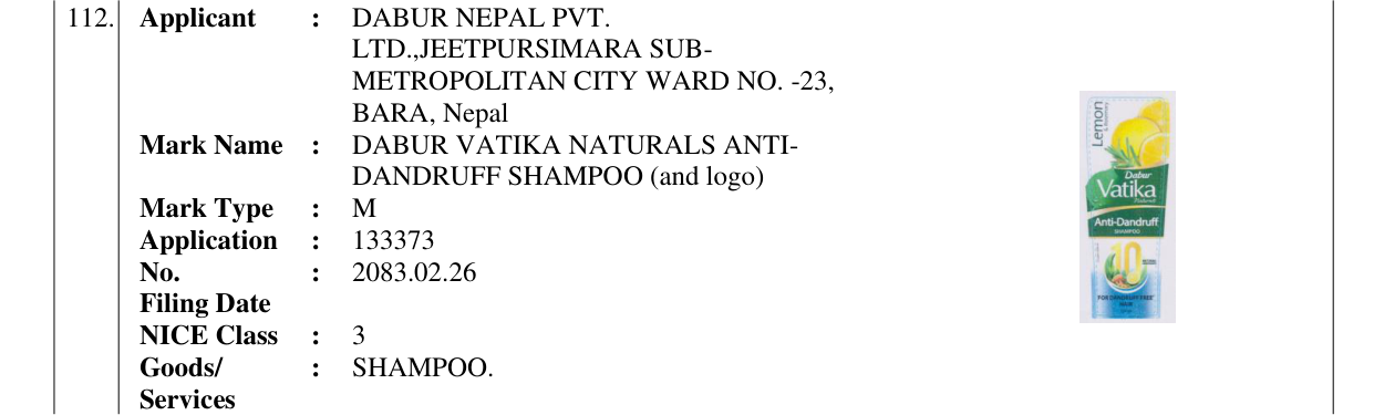 Original bulletin entry for DABUR VATIKA NATURALS ANTI- DANDRUFF SHAMPOO (and logo)