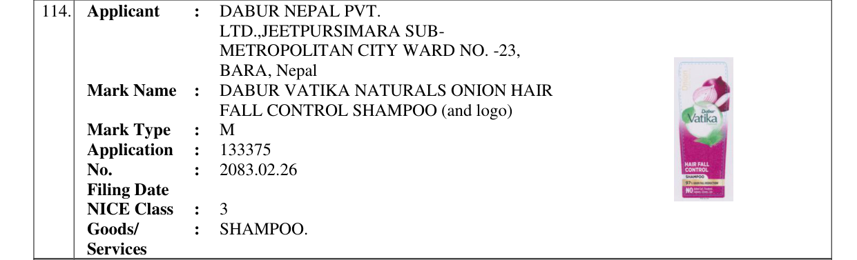 Original bulletin entry for DABUR VATIKA NATURALS ONION HAIR FALL CONTROL SHAMPOO (and logo)