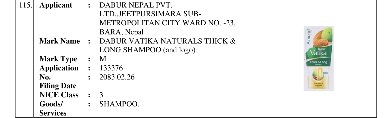 Original bulletin entry for DABUR VATIKA NATURALS THICK & LONG SHAMPOO (and logo)
