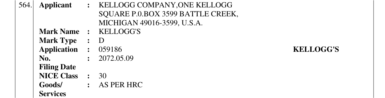 Original bulletin entry for KELLOGG'S