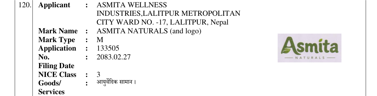 Original bulletin entry for ASMITA NATURALS (and logo)