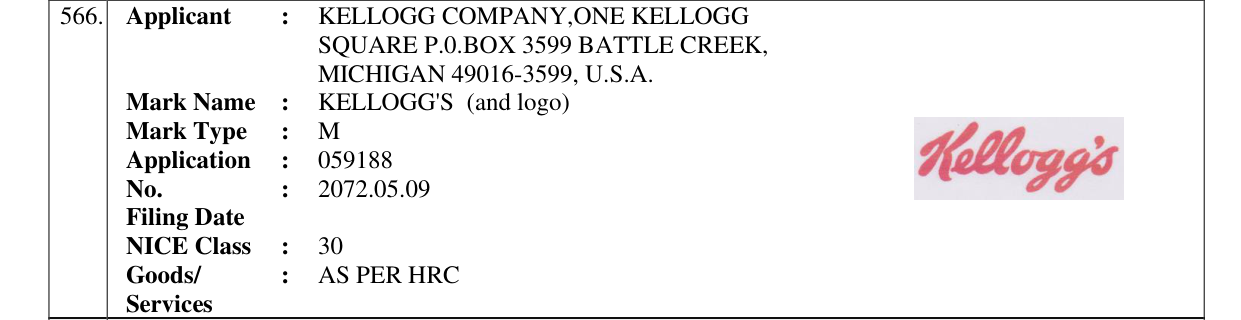 Original bulletin entry for KELLOGG'S (and logo)