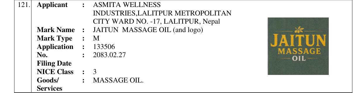 Original bulletin entry for JAITUN MASSAGE OIL (and logo)