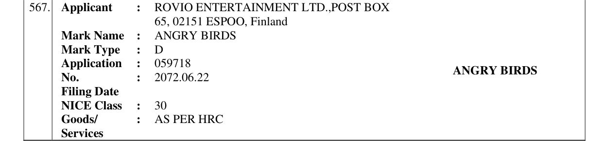 Original bulletin entry for ANGRY BIRDS