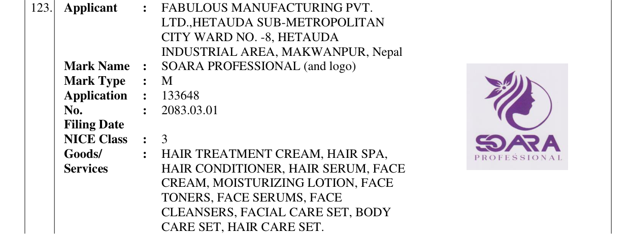 Original bulletin entry for SOARA PROFESSIONAL (and logo)