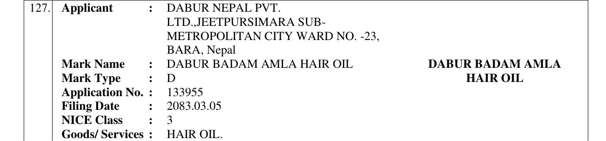 Original bulletin entry for DABUR BADAM AMLA HAIR OIL DABUR BADAM AMLA